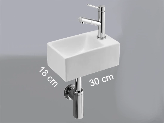 Lave-mains pour toilettes, suspendu et compacte, en céramique blanche, Largeur 30 cm, Profondeur 18 cm, Hauteur 11 cm, Livraison 5-7 jours OFFERTE.